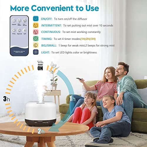 LONID 500ml Diffuseur d'Huile Essentielle, Ultrasonique Diffuseur Huiles Essentielles, Humidificateur d'air lumières 7 Colorées,Arrêt Automatique 4 Timing, Spa, Yoga, Massage,Apaisant (Noir)