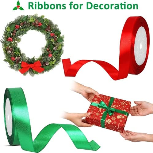 4 Rouleaux Ruban Satin, 88 Mètres Ruban en Satin Double Face, Ruban de Noël, Satin Polyester Ruban pour la Décoration de Mariage, Noël, DIY, Bouquet(Rouge, Vert)