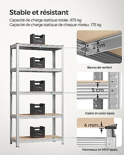 SONGMICS Lot de 2, Étagère de Rangement à 5 Niveaux, 40 x 90 x 180 cm, Capacité 875 kg, Planches Réglables, Style Industriel, pour Cuisine, Salon, Argent GLR040E02