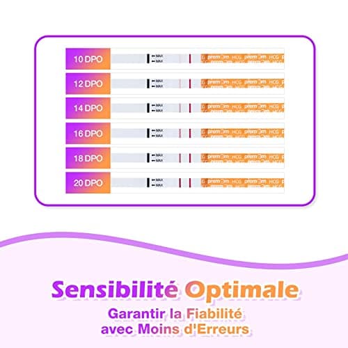 Premom Tests Grossesse Précoce Bandelettes:50 Tests de HCG Urinaires Sensibles 10 mIU/mL, Compatible avec l'Application Premom pour Suivi de Fertilité