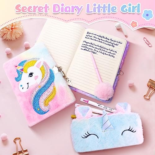 Damcyer Journal Intime Fille avec Cadenas,Ensemble de Cahier de Licorne en Peluche Comprenant une Licorne Carnet en Peluche,Trousse Licorne et Stylos de Couleur Cadeau Licorne Fille 5-12 Ans,Rose