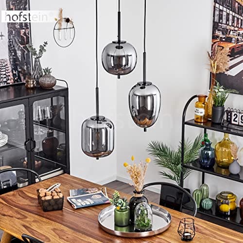 Suspension Verbania en verre chromé et métal noir, élégante lampe pendante moderne idéale dans un salon contemporain, hauteur max. 128 cm, pour 3 ampoules E14, ampoule(s) non incluse(s)