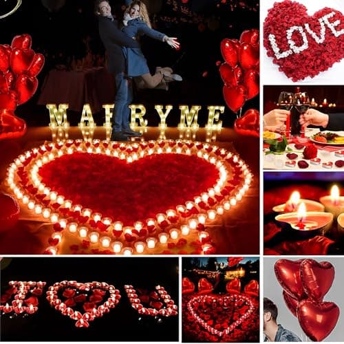 Bougies Romantiques et Pétales,Saint Valentin Décoration,50 Bougies en Forme de Coeur+10 Ballons Coeur Rouges+1000 Pétales de Rose Rouges en Soie,pour Mariage Saint Valentin D'anniversaire Fiançailles