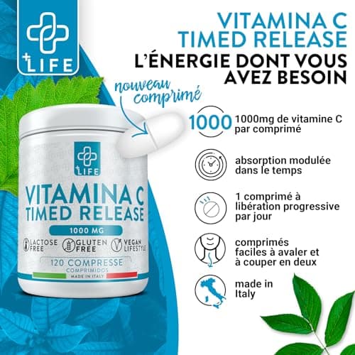 Vitamine C 1000mg à Libération Prolongée 120 Comprimés PiuLife® Supplément Vitamine C Naturelle Acide Ascorbique, Antioxydant, Defense Immunitaire Adulte, Vit C Vitamine Boost Énergie Puissant