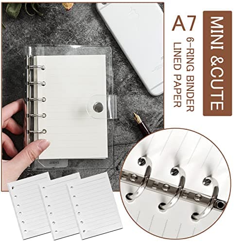 DY.2ten Lot de 3 carnets A7 rechargeables, feuilles lignées A7, pochettes transparentes à fermeture éclair, intercalaires A7, marqueur de règle A7, recharge de papier pour classeurs A5 à 6 anneaux