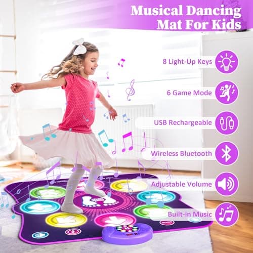 Tapis de Danse pour Enfants, 8 Flèches de Lumière LED Musique Pad de Danse Musical avec Bluetooth, 6 Modes de Jeu, Batterie, Jouet Cadeau d'anniversaire de Noël pour Garçons Filles de 3 à 12 Ans