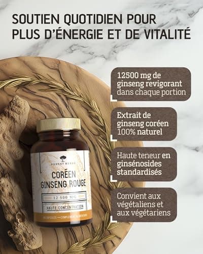 Ginseng Rouge de Corée Panax - Extra Fort 12 500 mg - 60 Gélules - Extrait de Racine de Ginseng avec 20% de Ginsénosides - Vegan