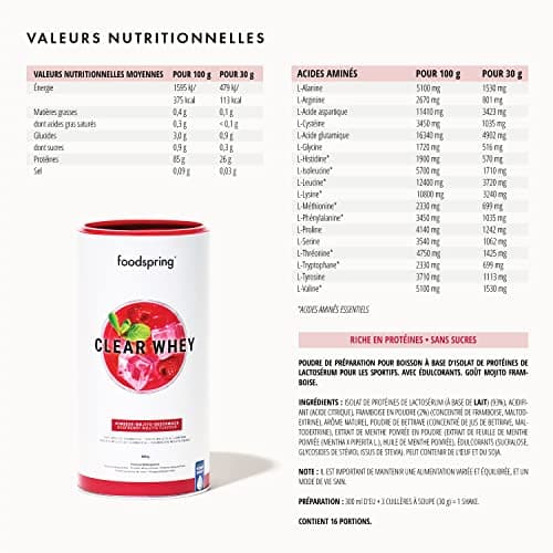 foodspring Clear Whey, Mojito Framboise, 480g, Shake protéiné léger et rafraîchissant de Whey Isolate premium.