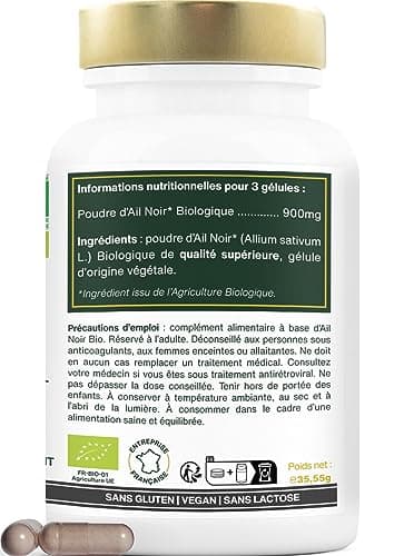 Ail Noir Fermenté BIO | Extra Fort, 900mg / Jour | Contient de la S-Allylcystéine | Santé Cardiaque, Circulation Sanguine, Immunité | Qualité Supérieure | Fabriqué en France