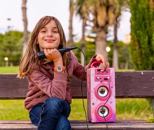 Machine à Karaoké Portable DYNASONIC avec 2 Micros, Enceinte Haut-Parleur Bluetooth, Designs Exclusifs, Lecteur USB/SD, Lumières, Cadeau pour Enfants (Modele 15 lumière)