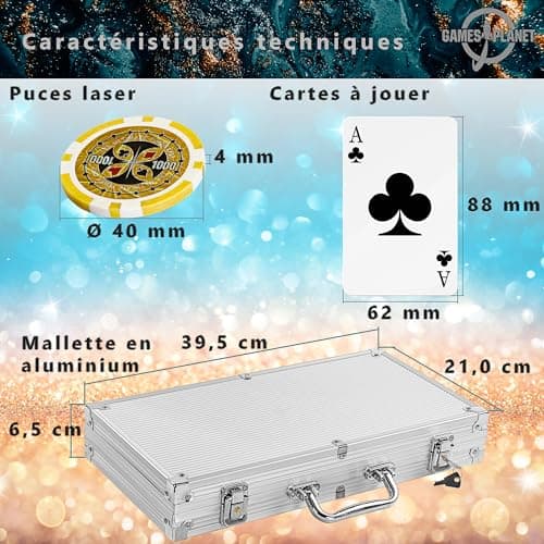 GAMES PLANET Mallette de Poker avec 300 jetons Laser, édition Argent/Or/Noir - Sélection: Argent