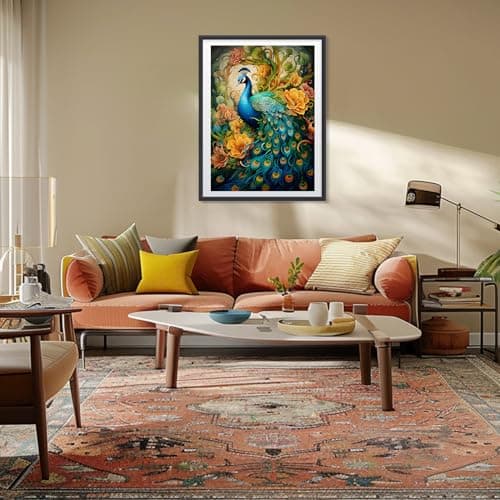 MEIYUDA 5D Diamond Painting Adulte, DIY Broderie Paon Diamant Painting Kit Complet Fleur, Peinture Diamant Artisanat Strass Point de Croix Painting pour Adultes 30x40cm