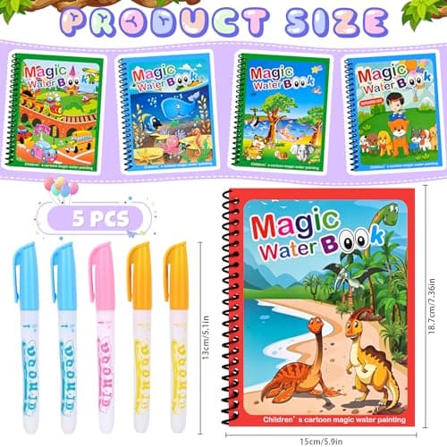 Januts 5 Pièces Livre de Dessin Magique de L'eau Coloriage Réutilisable Graffiti Livre Magique à L'Eau Animaux Thèmes Livres de Coloriage à l'eau Garçons et Filles avec Des Stylos