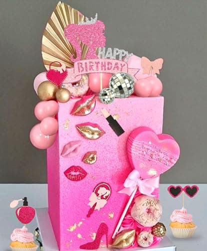JeVenis birthday décoration de gâteau d'anniversaire de fille rose vif décoration d'anniversaire de fille rose boules roses feuilles de palmier talons lipstick sacs cake topper