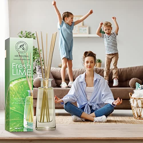 Diffuseur Parfum de Citron Vert 100ml - avec Huile Essentielle Naturelle de Lime avec 10 Bâtonnets de Bambou - Idéal pour Aromathérapie - Spa - Maison - Fragrance Fraîche et Durable