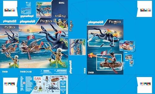 Playmobil 71419 Pirate avec Pieuvre géante, Comprend Deux Personnages, Une Pieuvre géante Qui pulvérise de l'eau, Un Bateau à rames et de Nombreux Accessoires, Univers Pirates, pour Enfants dès 4 Ans
