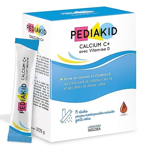 PEDIAKID Calcium C+ Enfant - Croissance Osseuse & Dents Solides 14 Sticks | Dès 3 ans, goût cola, vitamine D3, santé des os et des dents, poudre acidulée qui fond et pétille
