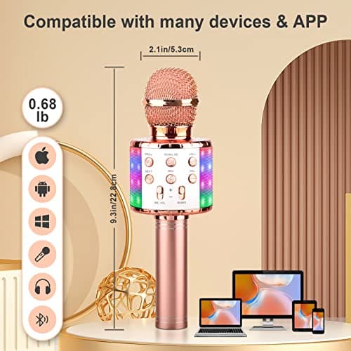 ShinePick Microphone Karaoke sans Fil, Micro Karaoké Bluetooth Portable avec LED Lumière Disco pour Enfants/Adultes Chanter, Compatible avec Android/iOS/PC/Smartphone (Or Rose)