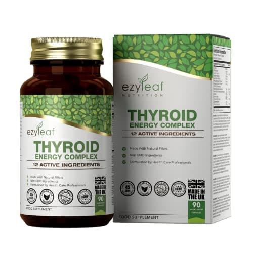 Ezyleaf Complexe Thyroïdien | Supplement Soutien Thyroïdien L Tyrosine Ashwagandha Phenylalanine Iode Zinc Varech Mousse de mer Iodure de Potassium Guggul Selenium | 90 Capsules | Certifié ISO au UK