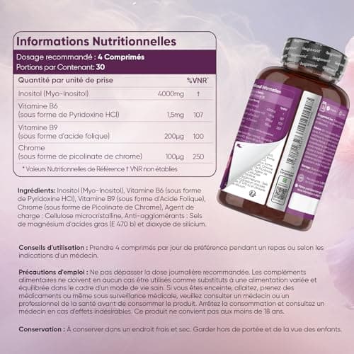Myo Inositol 4000mg - Enrichi en Vitamines B6, B9 Acide Folique, Chrome - Bien-Être Femme - Pour Métabolisme Énergétique, Glycémie (EFSA) - 120 Comprimés (1 Mois) - Alternative Inositol Poudre