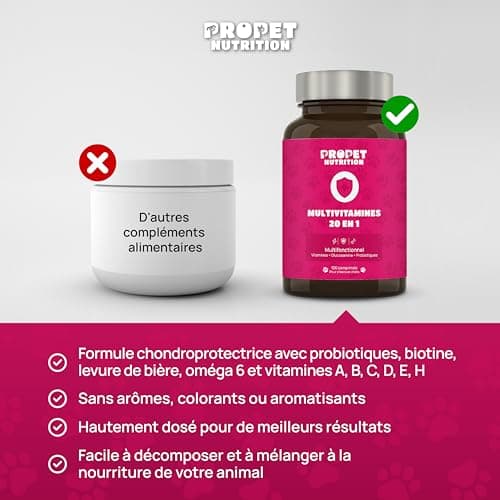 Complement Alimentaire Chien et Chat 20 en 1. Vitamines, Probiotique et Glucosamin Anti Arthrose. VIT A, B, C, E, H, Omega 6, Levure de bière + Fer. 100% Naturel. Effet Anti Inflammatoire. 120 Doses