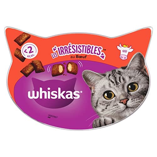 WHISKAS LES IRRÉSISTIBLES – Friandises au boeuf pour chat adulte, croquantes à l'extérieur et tendres à l'intérieur – 8 boîtes de 60g - l'emballage peut varier