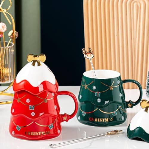 Liemuao Tasse de Sapin de Noël, 550ml Mug Mignonne en Céramique avec Couvercle et Cuillère, Tasse à Café Tasse Kawaii Chocolat Chaud Noel, Christmas Mug Set pour Famille, Ami, Collègue (Vert)