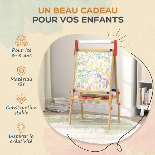 AIYAPLAY Chevalet peinture pour enfants, tableau enfant double face 3 en 1, avec rouleau de papier, tableau blanc et noir hauteur réglable, avec accessoires de peinture, enfants 3-8 ans, bois naturel