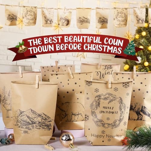 Calendrier de l'Avent à remplir,24 Sacs de l'Avent à bricoler soi-même avec sacs cadeaux imprimés et 24 autocollants numérotés et pinces, sacs en papier kraft pour Noël, enfants, adultes