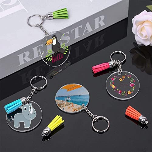 120 pièces Transparent Ronde Porte-clés, acrylique blancs ronds porte-clés, Transparents Porte-Clés Cercle, acrylique blancs porte-clés, Disques Porte-clés Kit pour DIY Porte-Clés Bijoux Accessoires