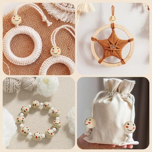 SUTOUG Lot de 50 perles rondes en bois avec tête de poupée souriante de 20 mm avec trou de 5 mm pour bricolage, bracelet, macramé, collier, bijoux, poupée