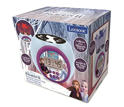 Lexibook Réveil projecteur Disney La Reine des Neiges 2 Anna Elsa avec fonction alarme et répétition snooze, veilleuse avec minuterie, écran LCD, à piles, bleu/violet, RL977FZ