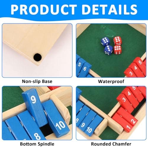 mellystore Shut The Box Jeu de Dés en Bois pour 2 à 4 Joueurs Jeux de Table en Bois Mathématiques Traditionnels Jeu de Société en Bois Classique pour Salle de Classe, Maison, Fête Ou Pub (4 Couleurs)
