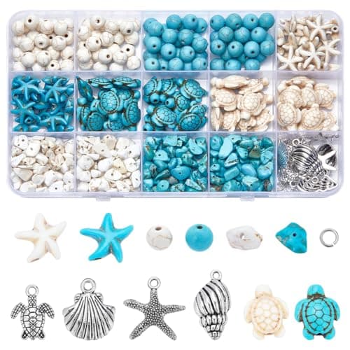 SUNNYCLUE 1 boîte de 217 perles de Tortue de Mer, Perles D'Étoile de Mer, Perles D'Étoile de Mer, Breloques en Vrac, Breloques de Tortue D'Océan Hawaïennes, Perles Turquoise, Perles D'Espacement en Vr