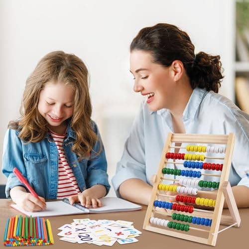 RNHDLY Boulier Enfant, Boulier Règle à Calcul, Abaque en Bois Aide au Calcul avec 100 Perles, Baguettes de Comptage, Cartes Numériques, Boulier Abaque Enfant Bois pour Les Enfants à Partir de 3 Ans