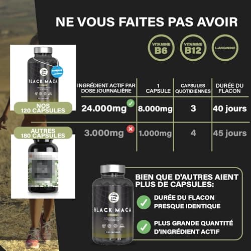 Maca Noire Extra Forte 24000mg - 120 Gelules - Extrait de Maca Noir 20:1 Améliore la Performance homme et femme Macca L-Arginine, Zinc, Vitamine B6 et B12 pour combat la fatigue et le stress Oxydant