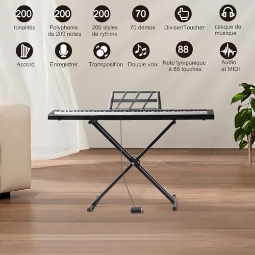 LEADZM Piano Numérique Semi-Marteau 88 Touches, Clavier Électronique avec Support en Forme de X à Double Tube, Bluetooth MIDI, Pupitre de Partition, Pédale de Sustain, Écouteurs