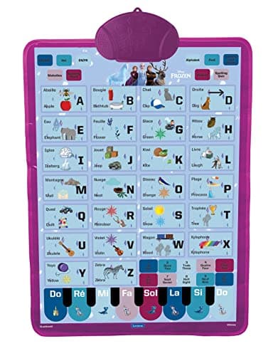 Un poster éducatif parlant bilingue FR/EN, pour apprendre l'alphabet, du vocabulaire et l'orthographe avec La Reine des Neiges
