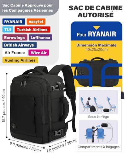 VANKEV Bagage Cabine 40x20x25 Pour Ryanair Sac à Dos Voyage Cabine Avion Bagage à Main Femme Homme 20L Sous Siege Bagage Sac De Voyage Pour Ordinateur Portable 14 Pouces Noir