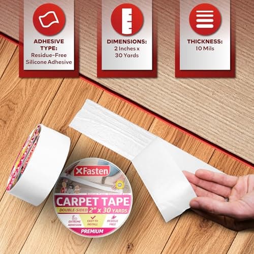 XFasten Ruban à tapis double face résistant au bois, 2 pouces x 30 Yards; pour carpettes, sans résidus
