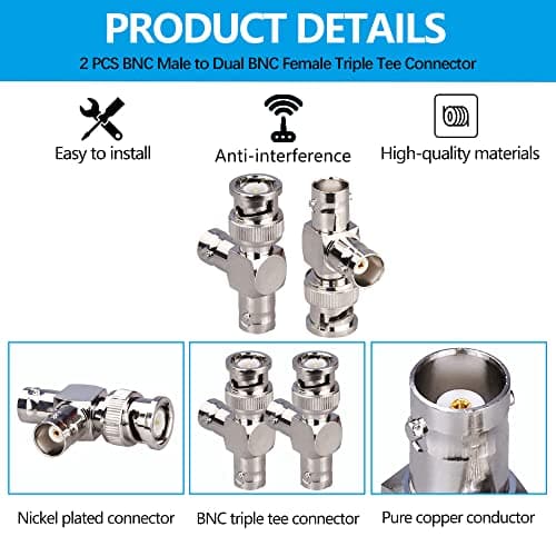 TUOLNK BNC mâle à double fiche femelle BNC en forme de T Connecteur triple en T Adaptateur séparateur coaxial 3 voies pour systèmes de sécurité/câble coaxial/appareils sans fil Pack de 2