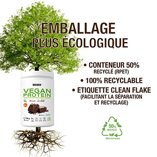 Weider Vegan Protein (750g) Goût Brownie-Choco. Protéines 100% Vegetal 21g/dose, Pois (Isolat Pisane) & Riz. Avec Vitamine B12 & Stevia. Sans Gluten, Sans Sucre. Emballage 50% Recyclé, 100% Recyclable