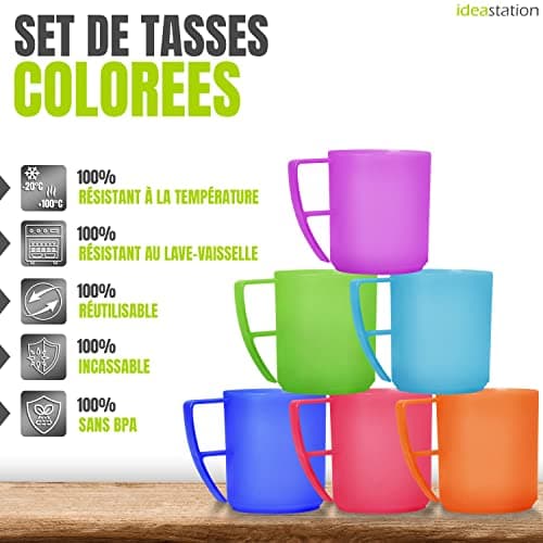 idea-station Neo tasse en plastique 6 x 350 ml - coloré - ensemble de tasses incassables pour enfants et personnes âgées - tasse de camping idéale avec poignée
