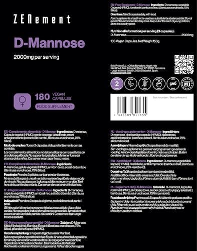 D-Mannose - 180 Gélules - 2000 mg de D-Mannose par Dose Quotidienne, Dosage Elevé, Hautement Biodisponible - 2 Mois d'Approvisionnement - Sans Arômes ni Additifs - 100% Végan