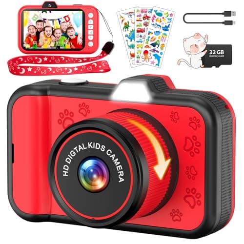 Appareil Photo Enfant, Ushining 3,5 Pouces Grand Écran 1080P Appareil Photo Numérique Enfant avec Objectif Zoom Rotatif à 360° Flash LED Carte de 32 Go, Caméra Vidéo Cadeau pour Enfants 3 à 12 Ans