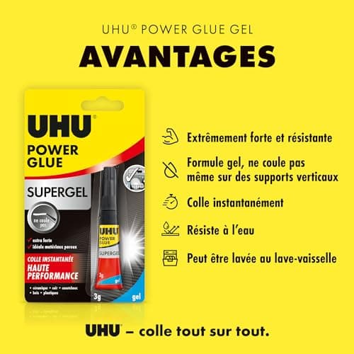 UHU Power glue gel - Colle instantanée ultra rapide et forte, ne coule pas, sans solvants, transparente, tubes 2x3g