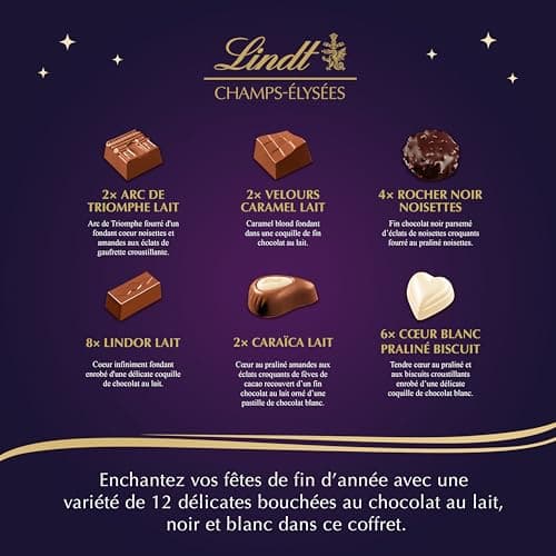 Lindt - Boîte CHAMPS-ÉLYSÉES Édition Avenue en Fête - Assortiment de Chocolats au Lait, Noirs et Blancs - Pralinés, Croustillants et Onctueux - Idéal pour Noël, 467g