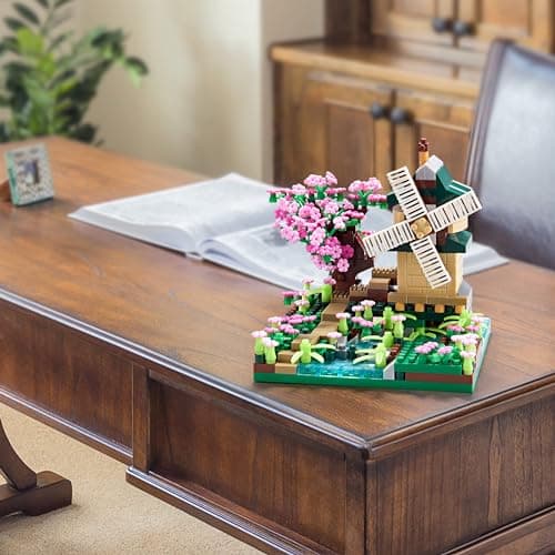 Tirff Architecture RivièRe Moulin à Vent Arbre Sakura Micro Blocs De Construction Ensemble Arbres Jouets Fleurs pour Filles, Un Kit De ModèLe De Fleur De Cerisier Cadeau Bricolage
