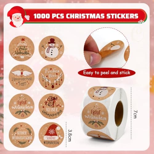 LIMITADA Gommettes Noël 1000 Pcs Autocollants De Noel Rouleau D'autocollants de Noël Etiquette Vacances Cadeau Autocollants d'enveloppe Joyeux Noël Autocollants Étiquettes Adhésives en Papier Kraft