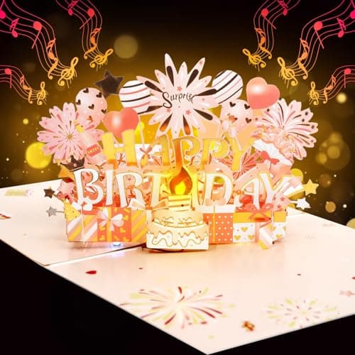 Cartes d'anniversaire avec Musique et Lumière, Carte Anniversaire Musicale-Pop-Up, Carte Vœux Pop Up 3D avec Enveloppe, Blowable LED Lumière Bougie Carte d'anniversaire, Cartes d’Anniversaire Femmes
